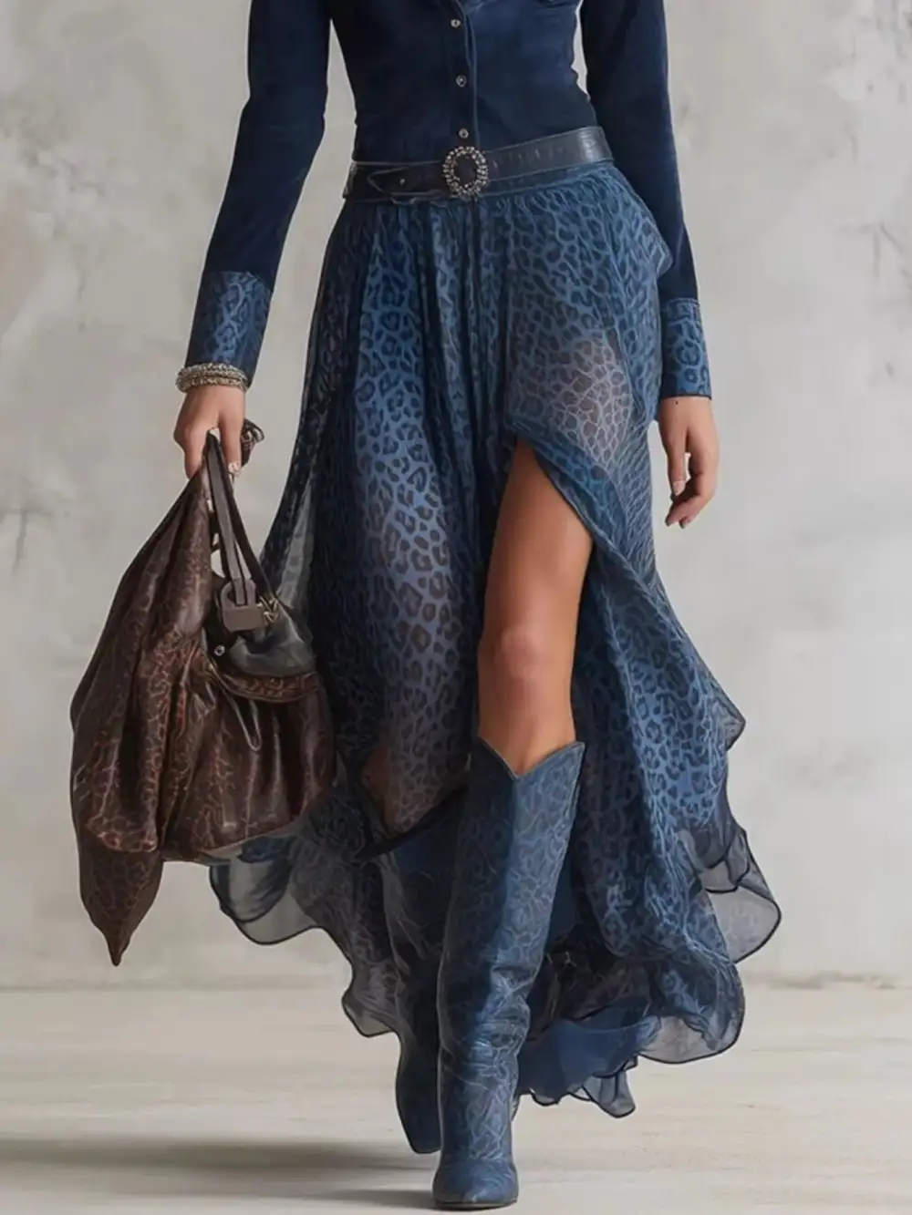 Animal Print Button Front Slit Maxi Dress