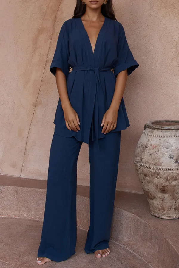 Navy Blue Cotton And Linen Pants