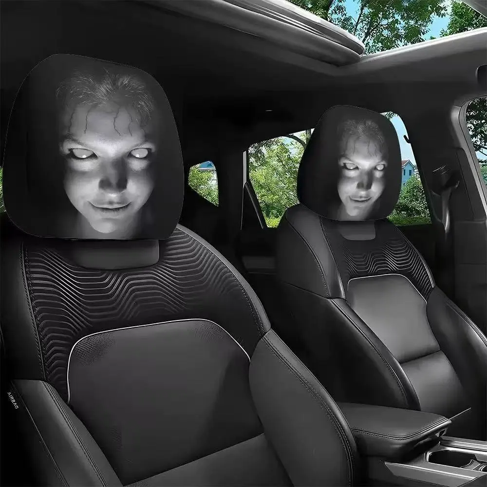 Black & White Creepy Smile Design Car Headrest Cover Stretch Universal Horror Car Dust Cover