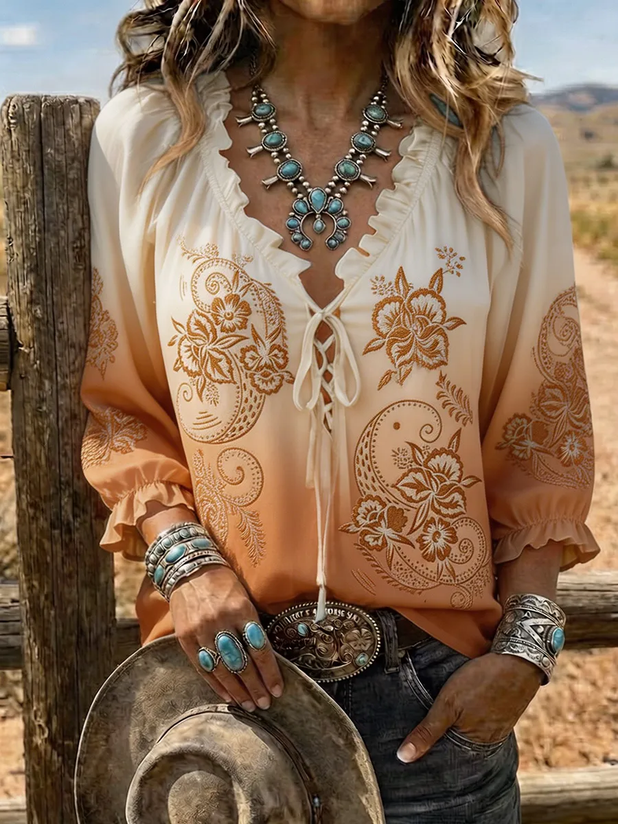 Women's Western Ombre Paisley Lace-Up Western Blouse