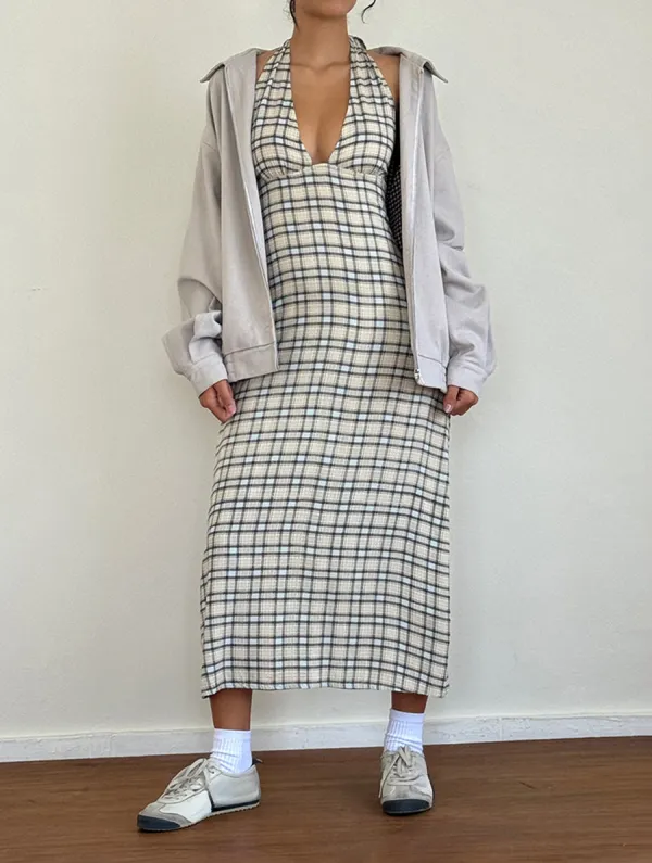 Halterneck Midi Dress In Pastel Blue Tartan