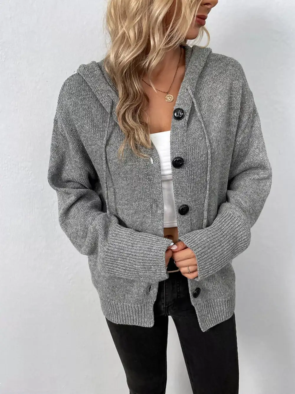 Full Size Cozy Knit Hooded Button Down Cardigan Plus Size