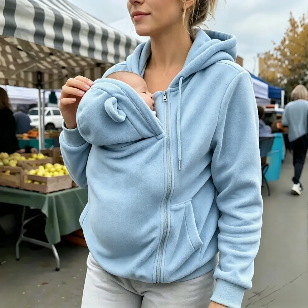Kangaroo Mom Hoodie Loose Zip-Up Hooded Sweatshirt Mom Babywearing Warm Jacket