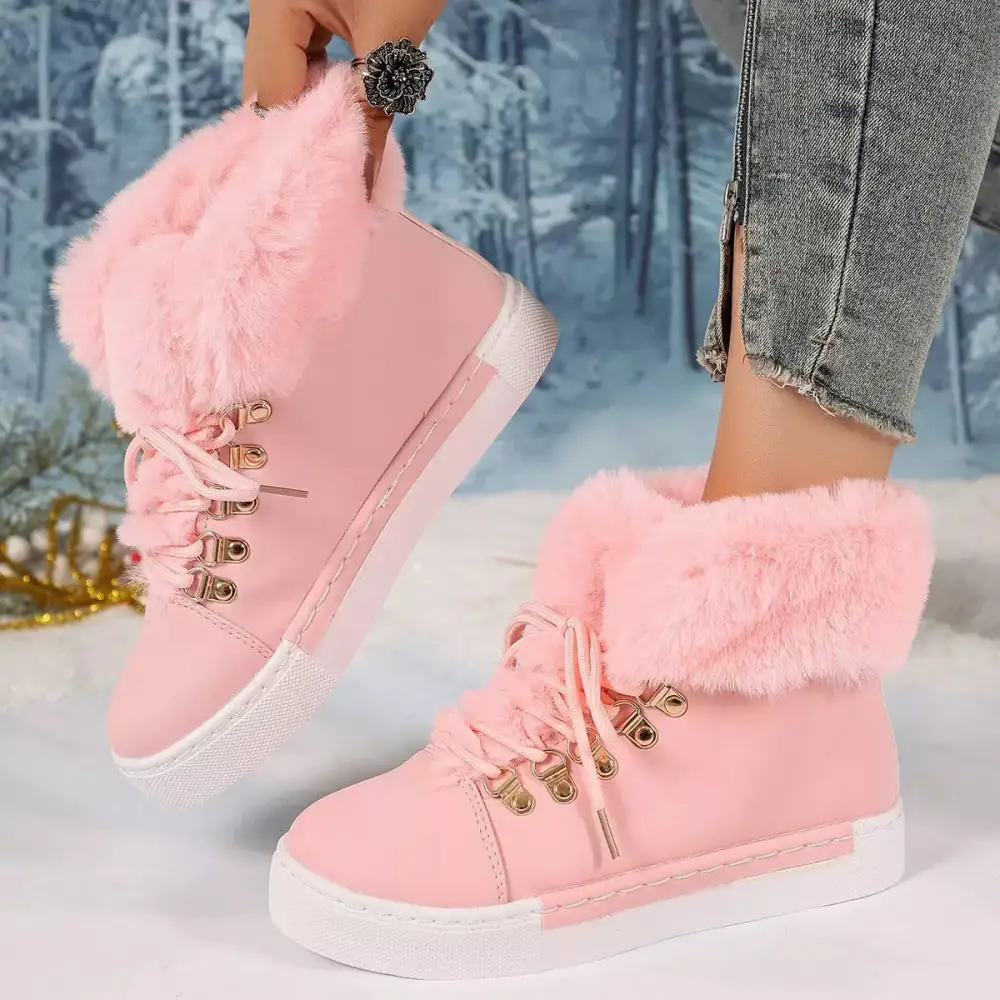 Fuzzy Trim Lace-Up Ankle Boots