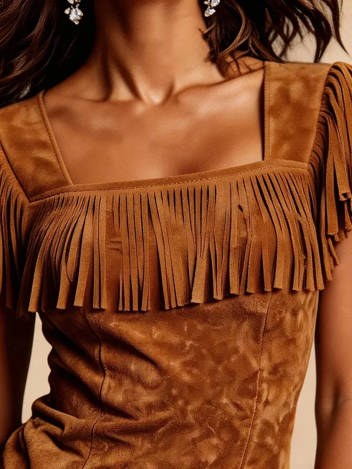 Western Retro Light Brown Faux Suede Slit Tassel Short-Sleeve Midi Dress