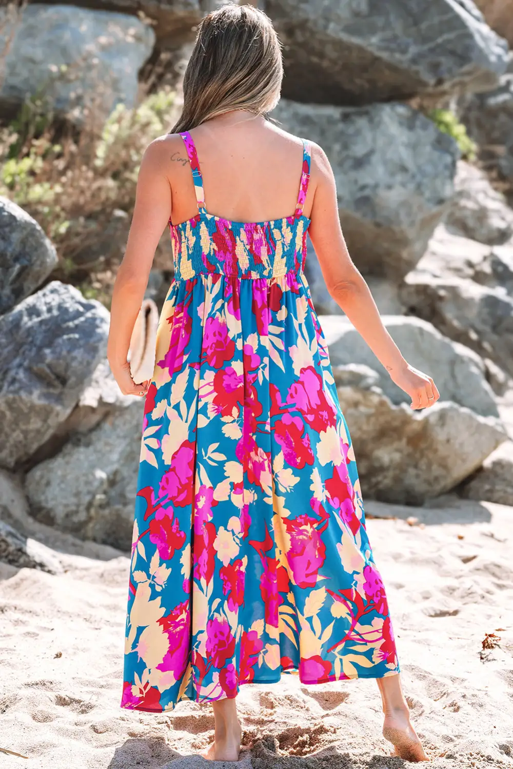 Dark Floral High Waist Sleeveless Flared Long Dress
