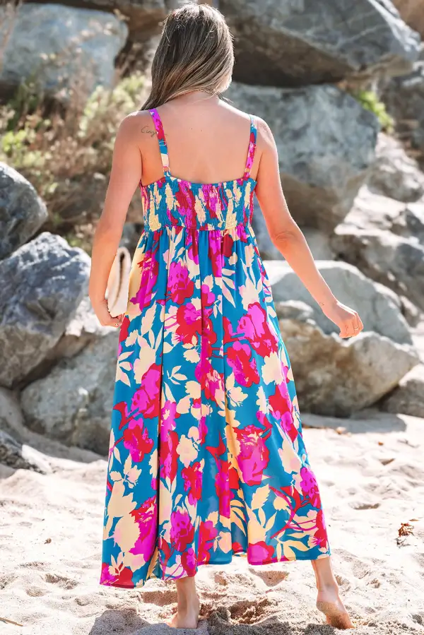 Dark Floral High Waist Sleeveless Flared Long Dress