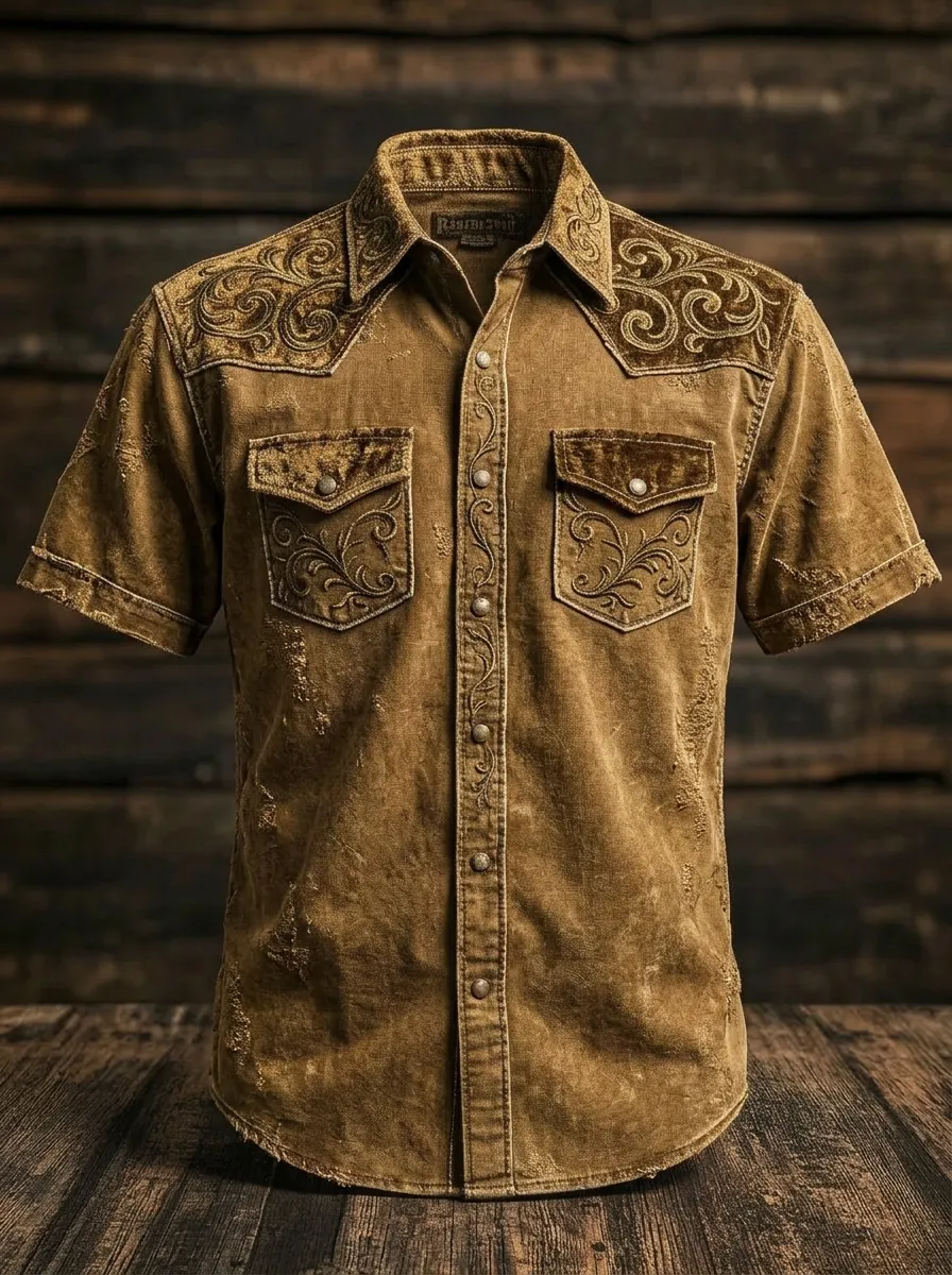 Men's Western Style Floral Embroidery Distressed Printed Shirt