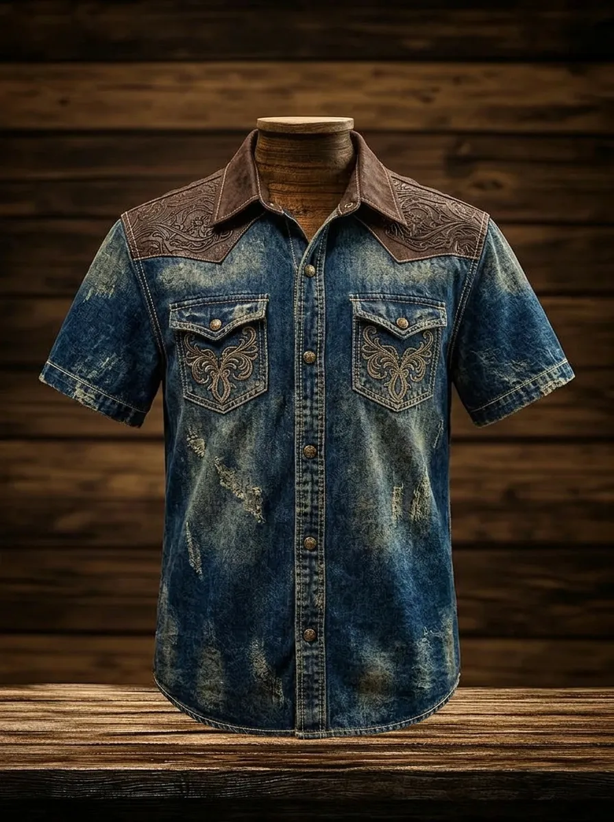 Men's Western Cowboy Floral Leather Yoke Distressed Denim Printed Shirt