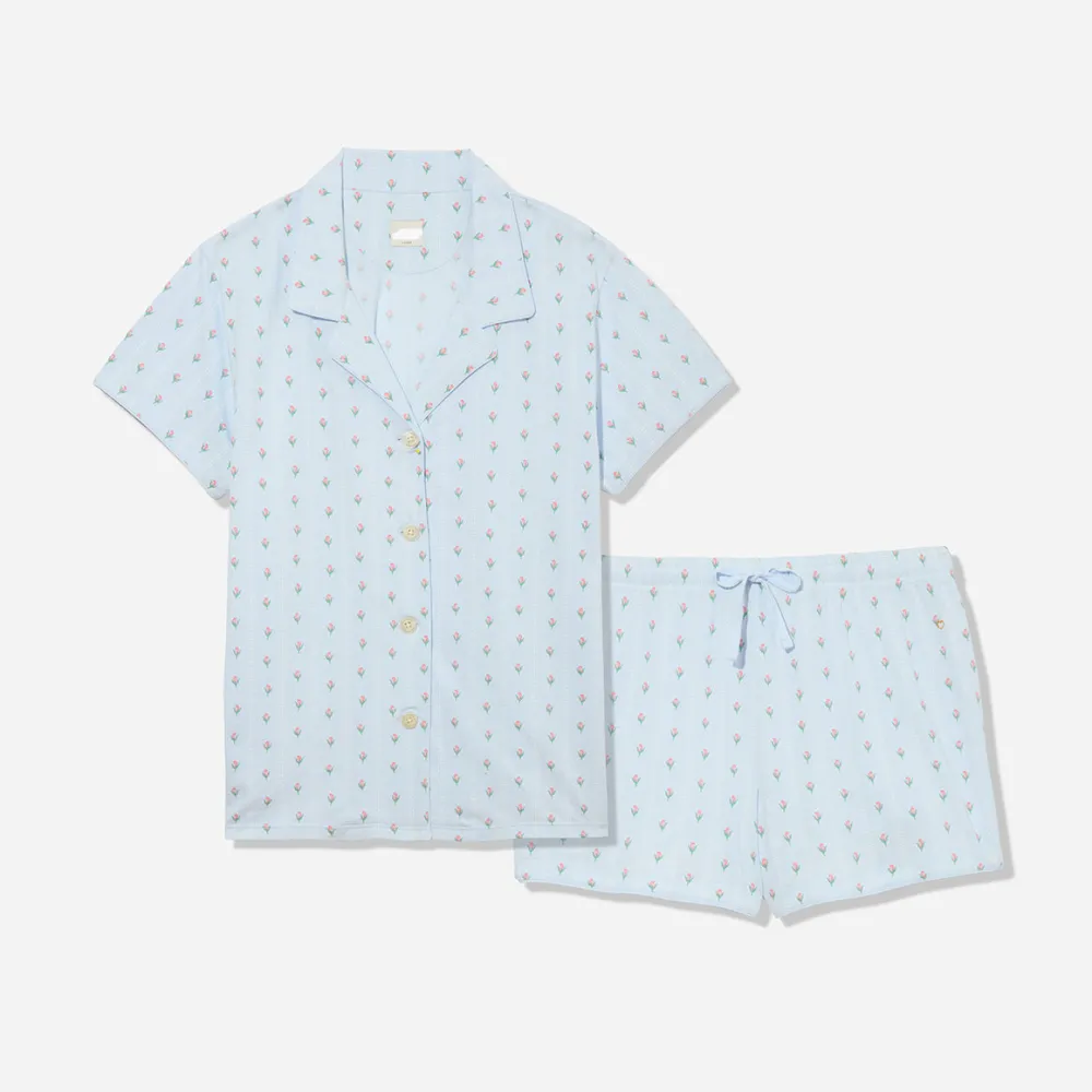 Printed Organic Pima Cotton Short PJ Set Blue Bud Stripe