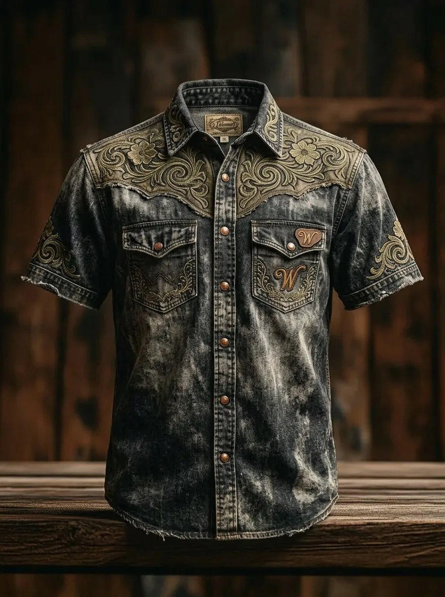 Men's Western Style Floral Embroidery Acid Wash Printed Shirt