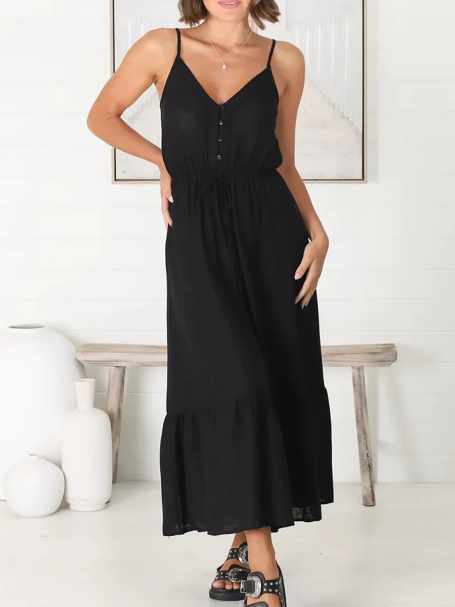 V-neck suspender button-element cotton and linen maxi dress