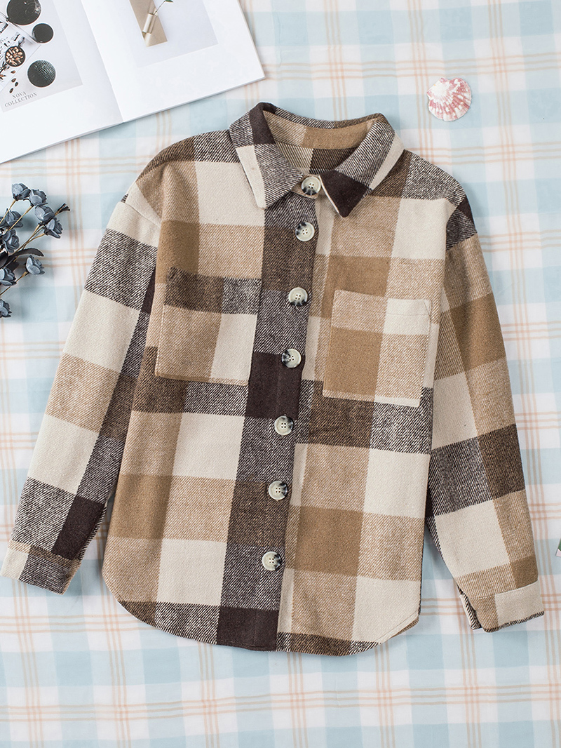 Khaki Plaid Color Block Buttoned Long Sleeve Jacket with Pocket