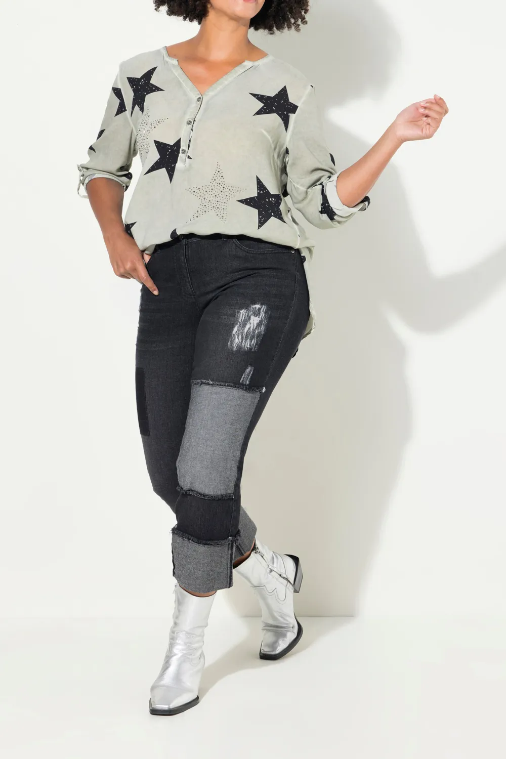 Roll Up Hem Spliced Jeans