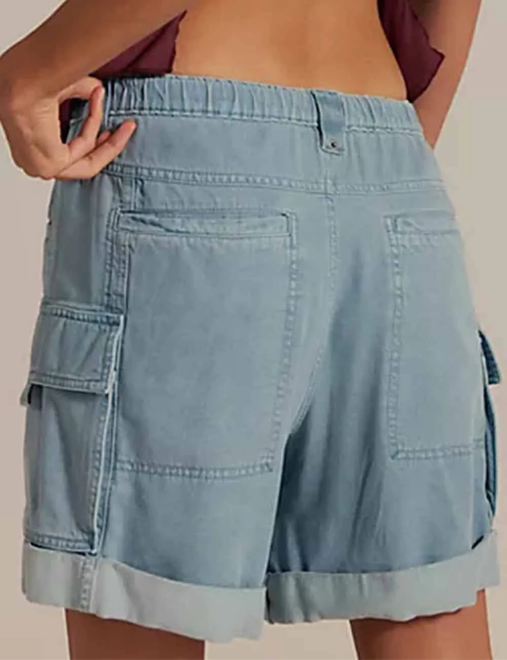 Pocket Drawstring Elastic Waist Rolled Denim Shorts