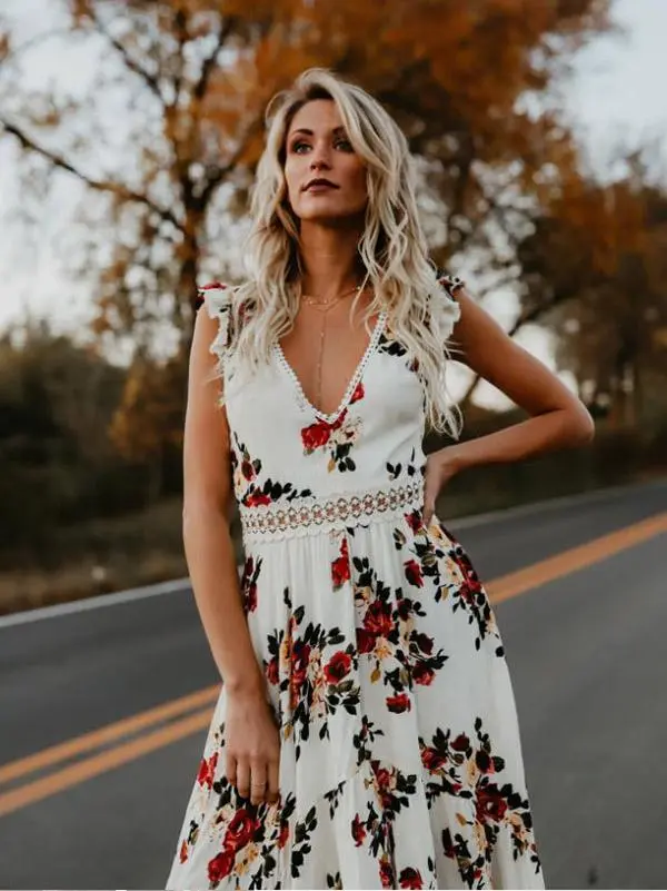 Bohemian Blossom Floral Open Back Boho Maxi Dress