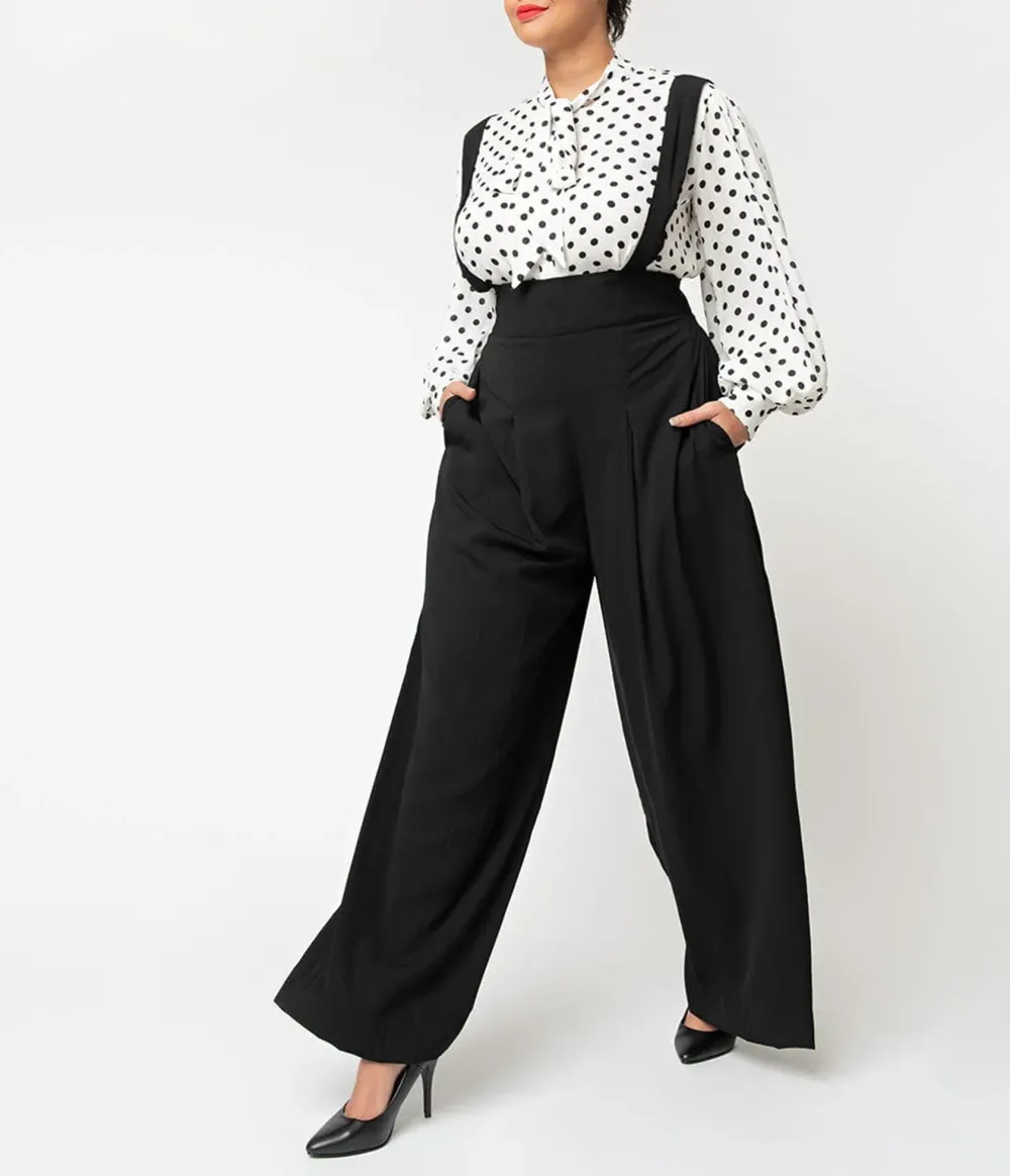 Unique Vintage Plus Size Black Wide Leg Rochelle Suspender Pants