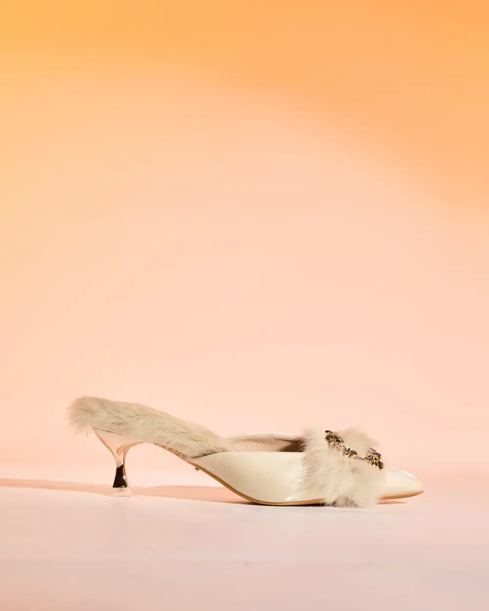 Faux Fur Satin Mules in Natural