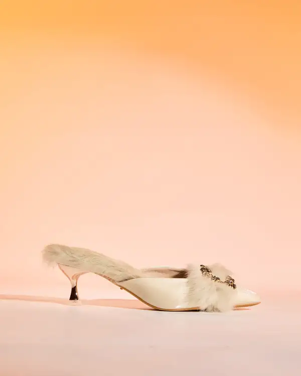 Faux Fur Satin Mules in Natural