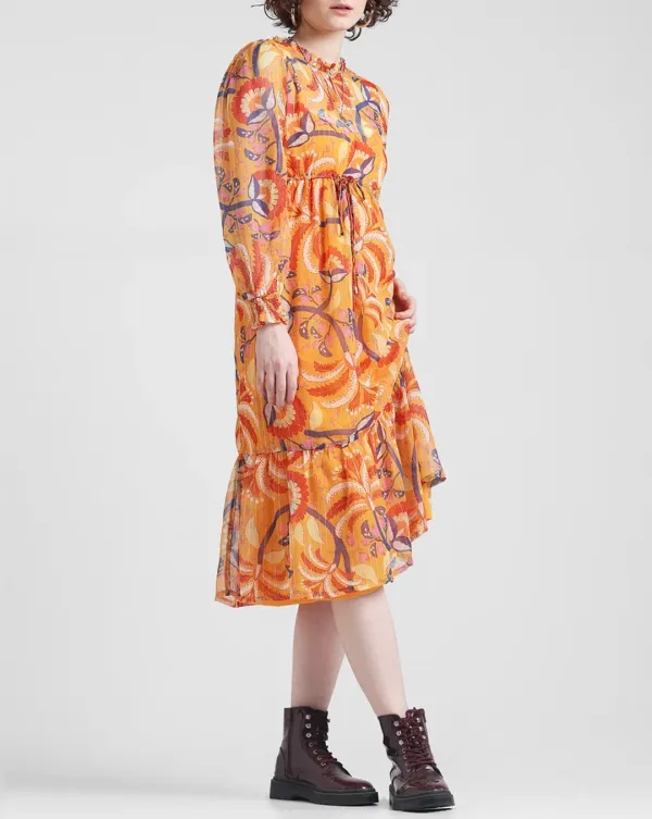 Orange Floral Print Midi Dress