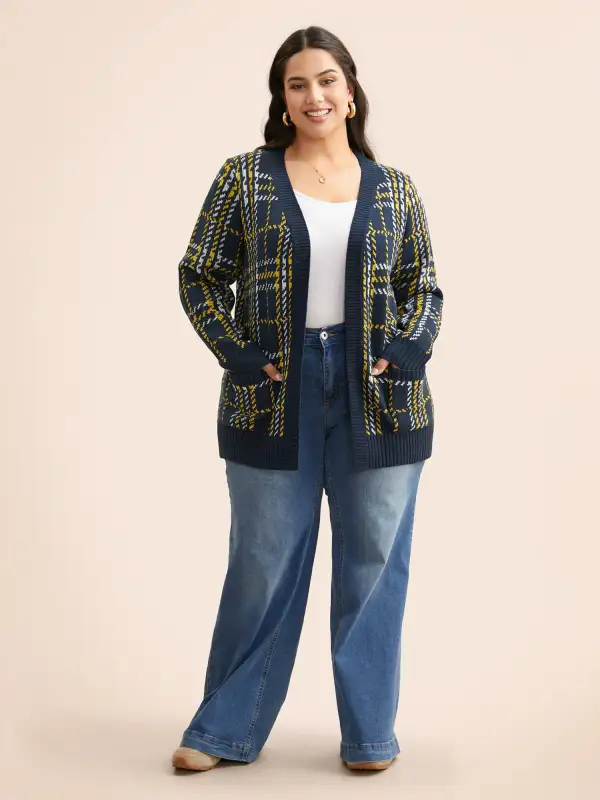 Kimono Collar Plaid Pocket Cardigan