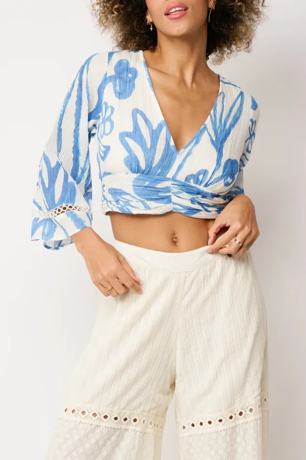 Blue And White Abstract Print Wrap Crop Top
