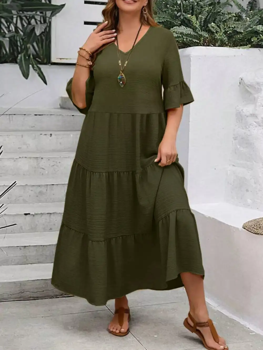Plus Size Ruffle Sleeves Tiered Midi Dress