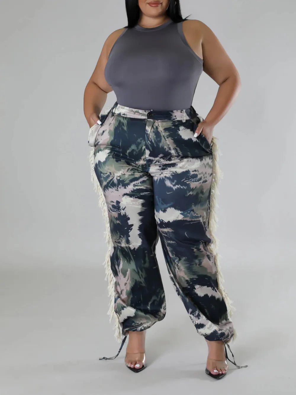 Plus-Size Fashion Women'S Camouflage Pattern Fringe Pants