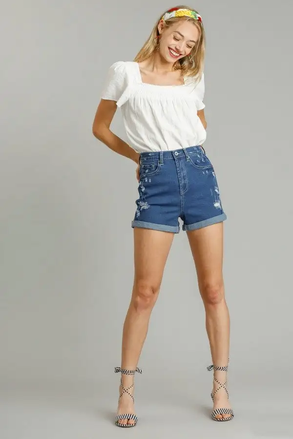 Umgee 5 Pockets Distressed Detail Stretch Denim Shorts with Folded Hem FINAL SALE