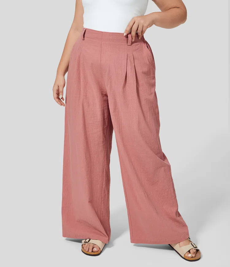 High Waisted Plicated Side Pocket Wide Leg Flowy Casual Plus Size Pants