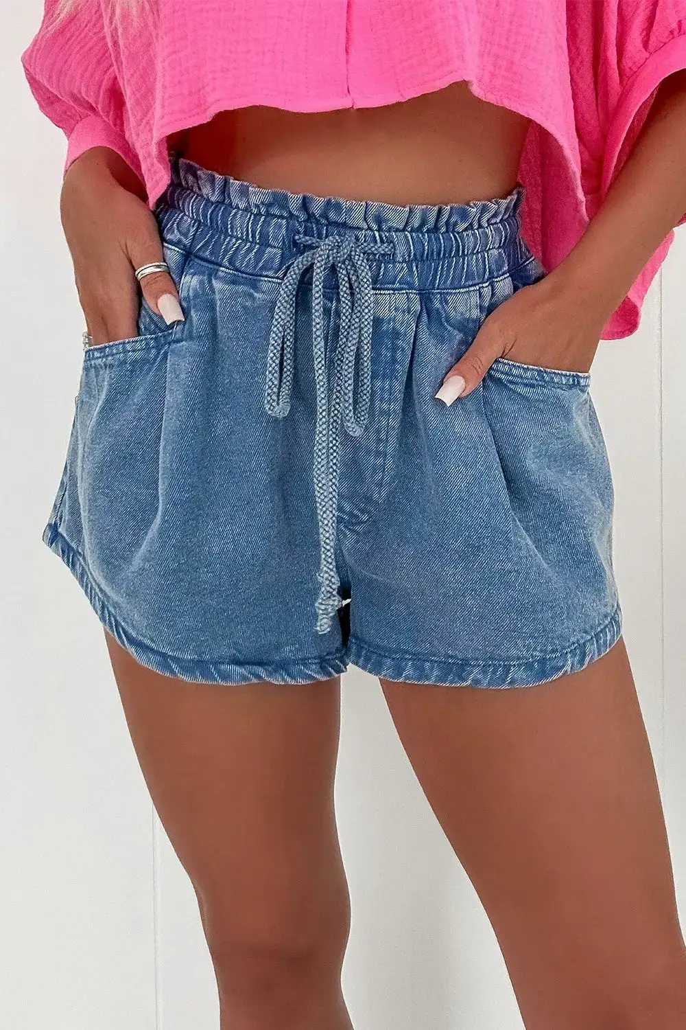 High Waist Drawstring Denim Shorts With Pockets