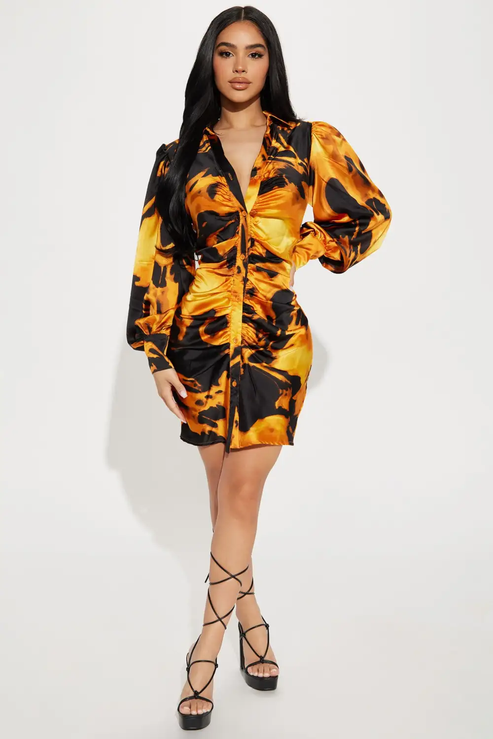 On Fire Ruched Mini Dress - Orange/combo