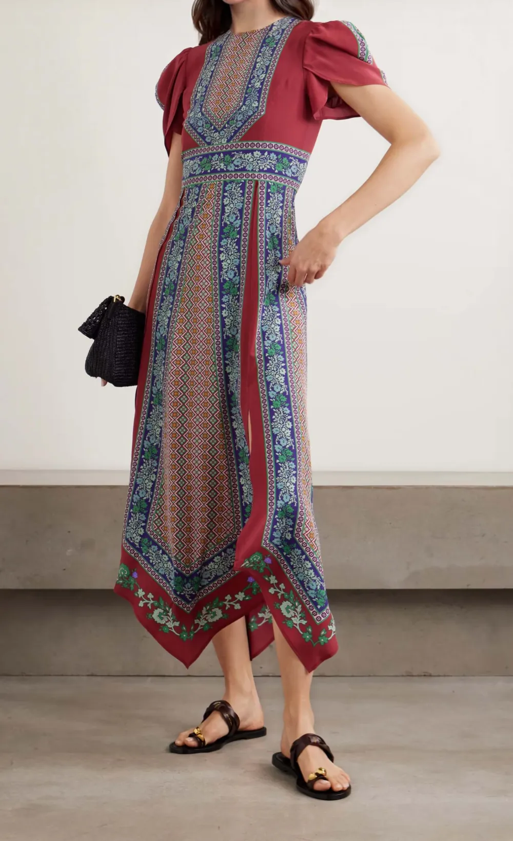 Retro Print Asymmetrical Hem Midi Dress