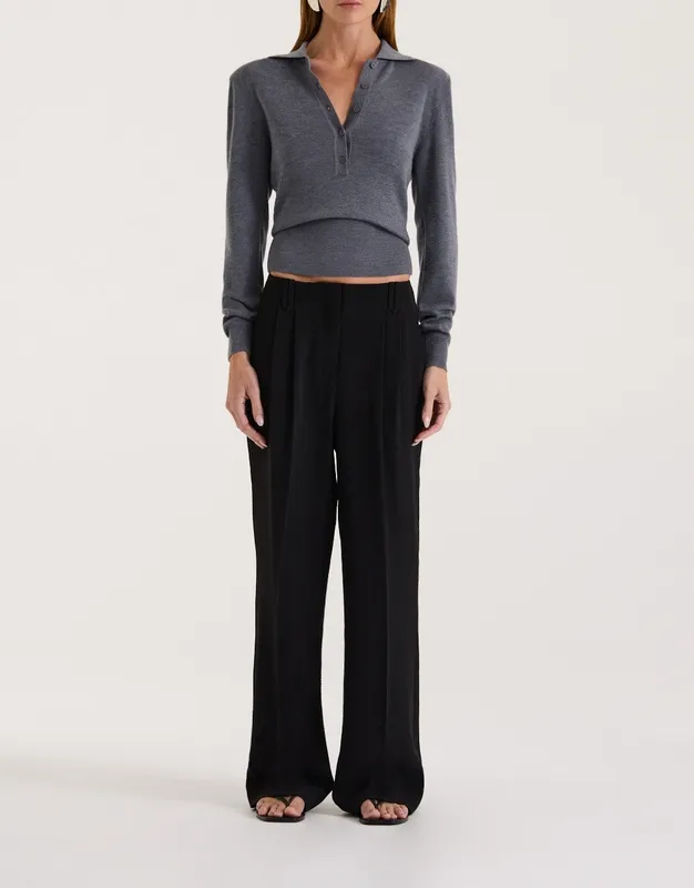 Black High-Rise Pleated Straight-Leg Pants