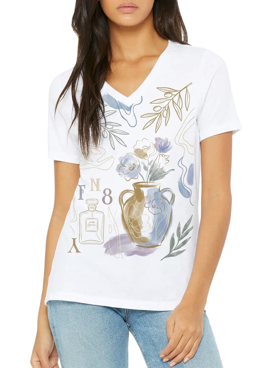Women's Aesthetic Floral Vase Perfume Bottle Printed V-neck T-shirt
