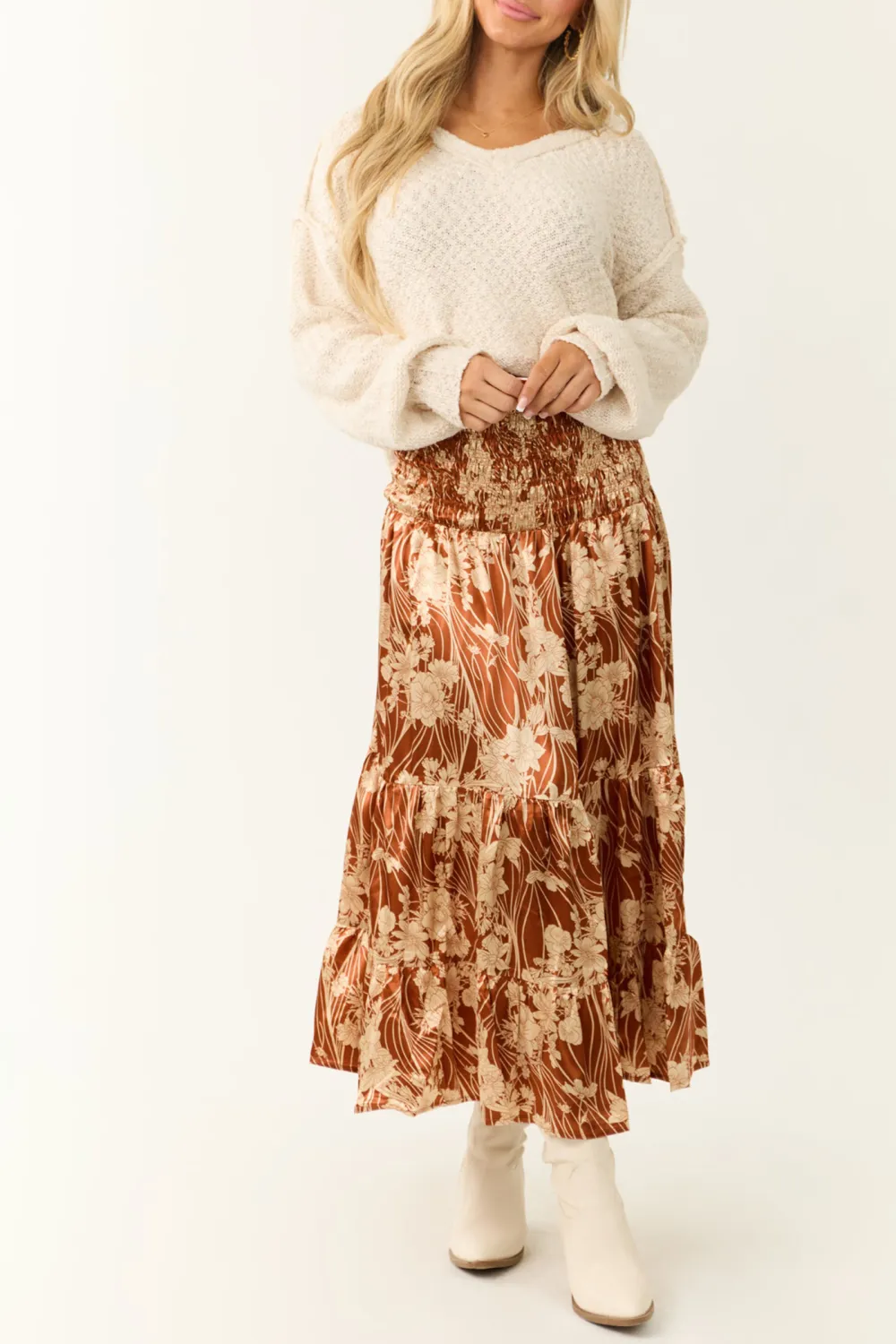Burnt Orange Floral Print Satin Skirt