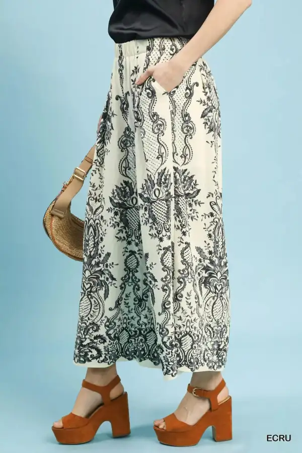 Border Print Wide Leg Pants
