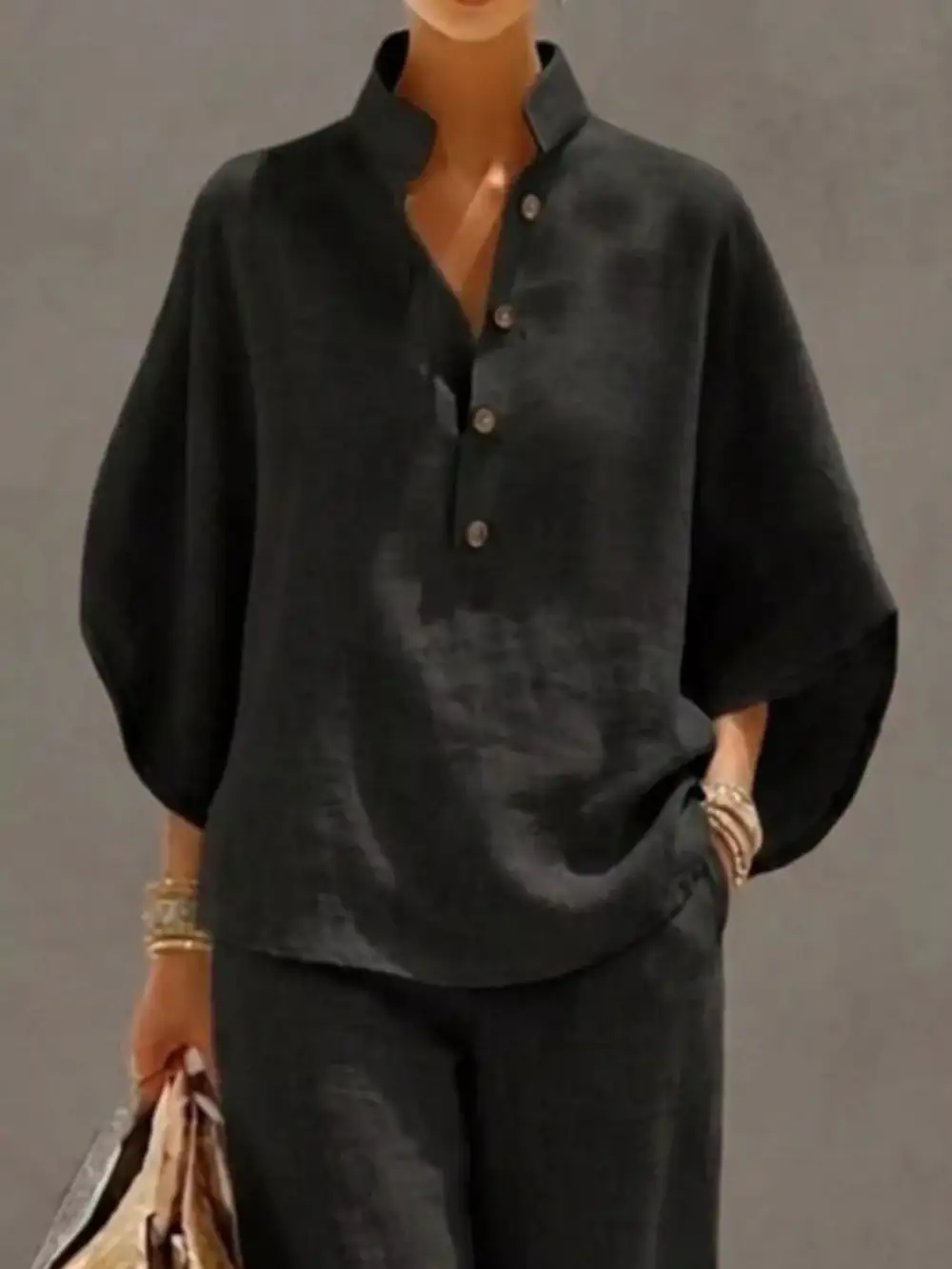 Button Detail Sleeve Top and Pants Set