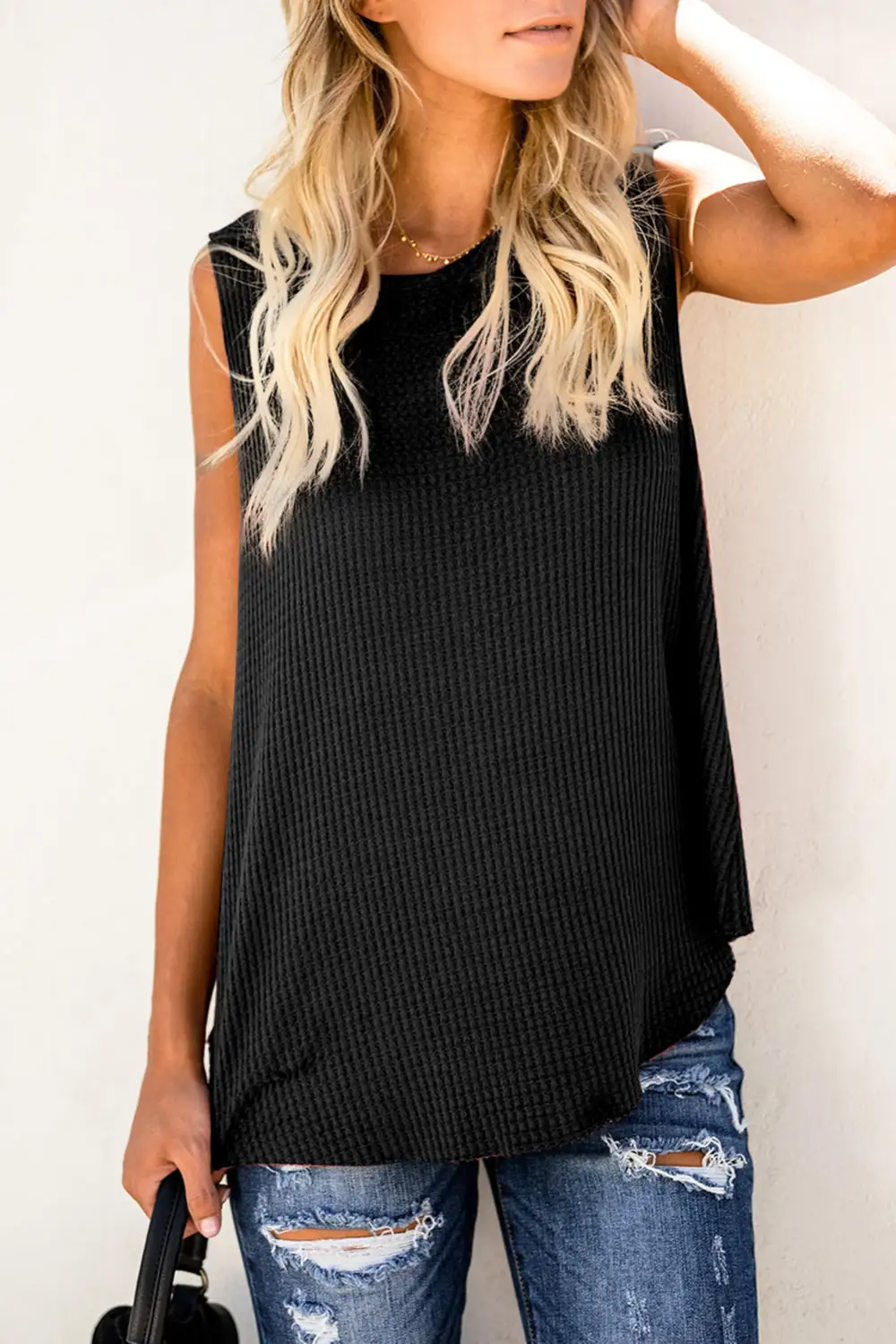 Airy Crew Neck Waffle Tank Top