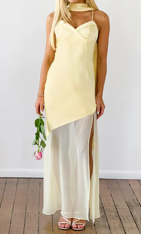 Satin Strapless Flowy Scarf Maxi Dress