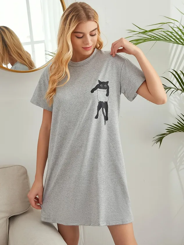 Text Letters Casual Crew Neck Loose Regular Sleeve Nightdress