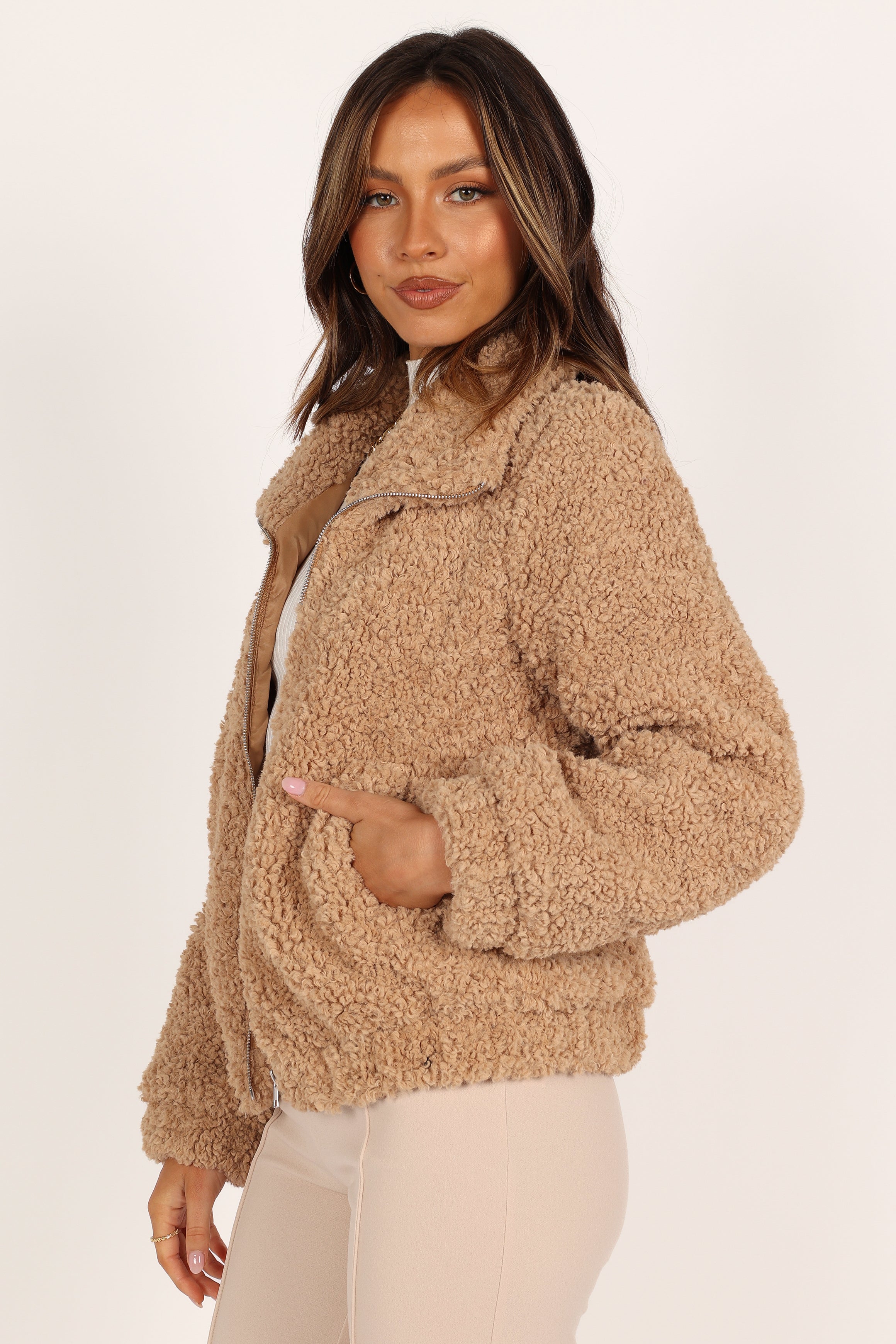 Lucia Zip Front Teddy Jacket - Camel