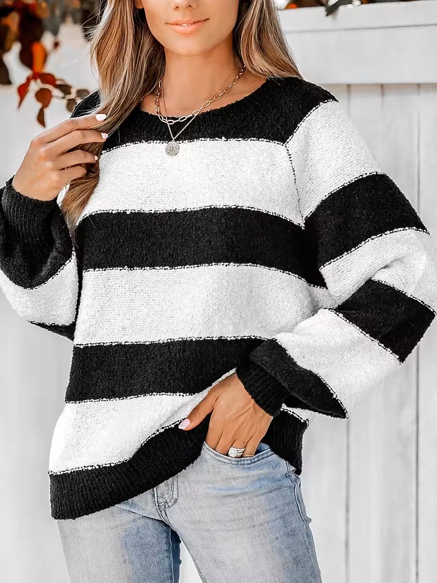 Women's Striped One Shoulder Plush Knitted Sweater