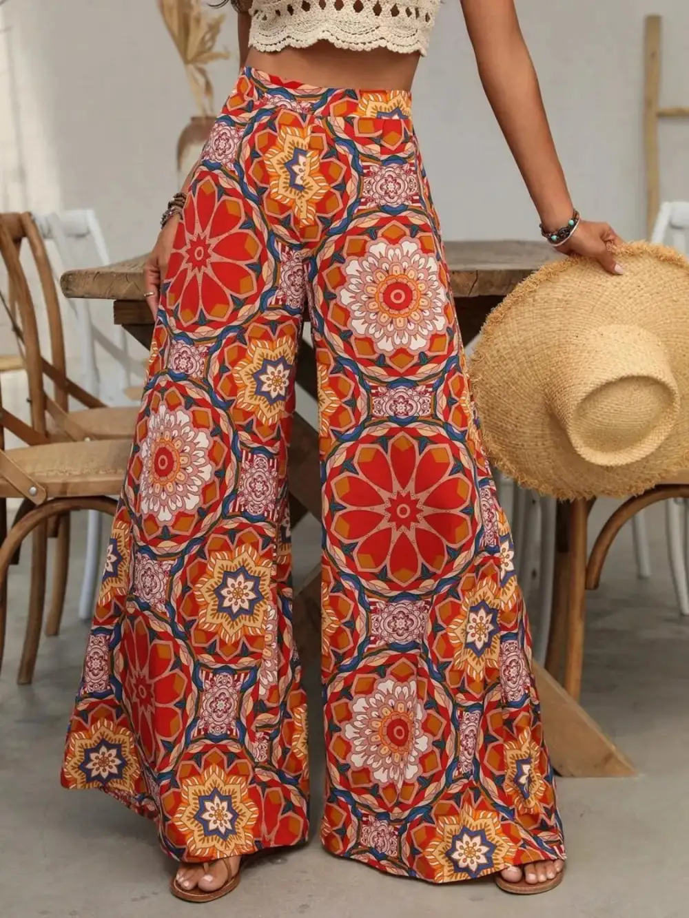 Draped Printed Wide Leg Pants