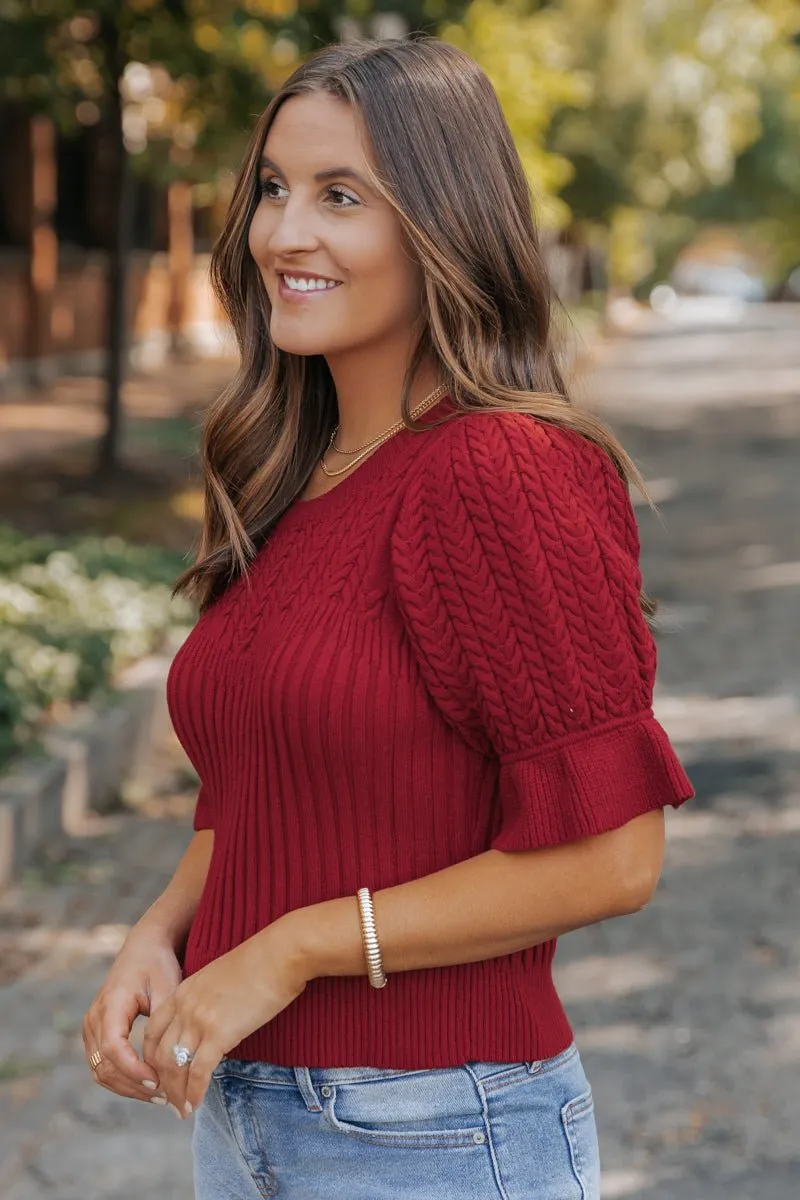 Scarlet Red Puff Sleeve Textured Sweater