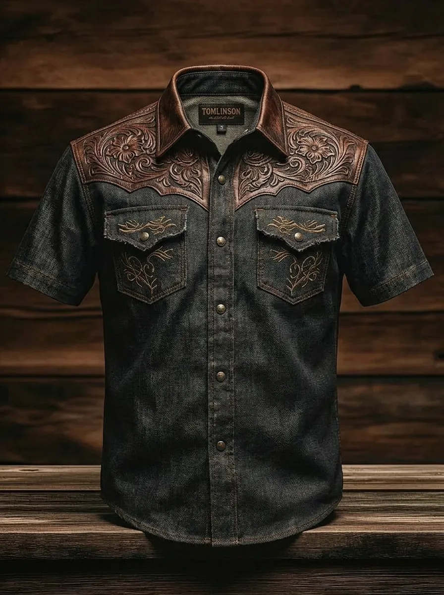 Men's Western Style Floral Tooled Leather Print Denim Shirt