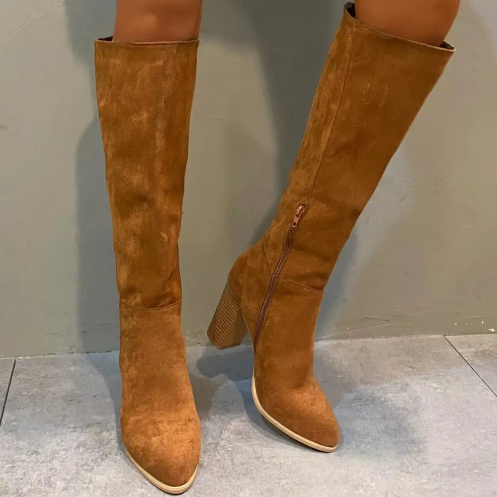 Pointed Toe Knee High Suede Block Heel Boots