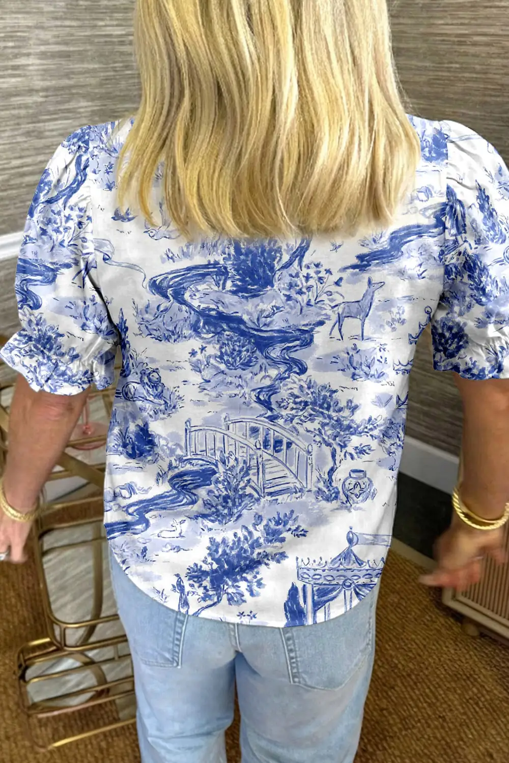 Blue Wild Animal Paradise Striped Detail V Neck Blouse