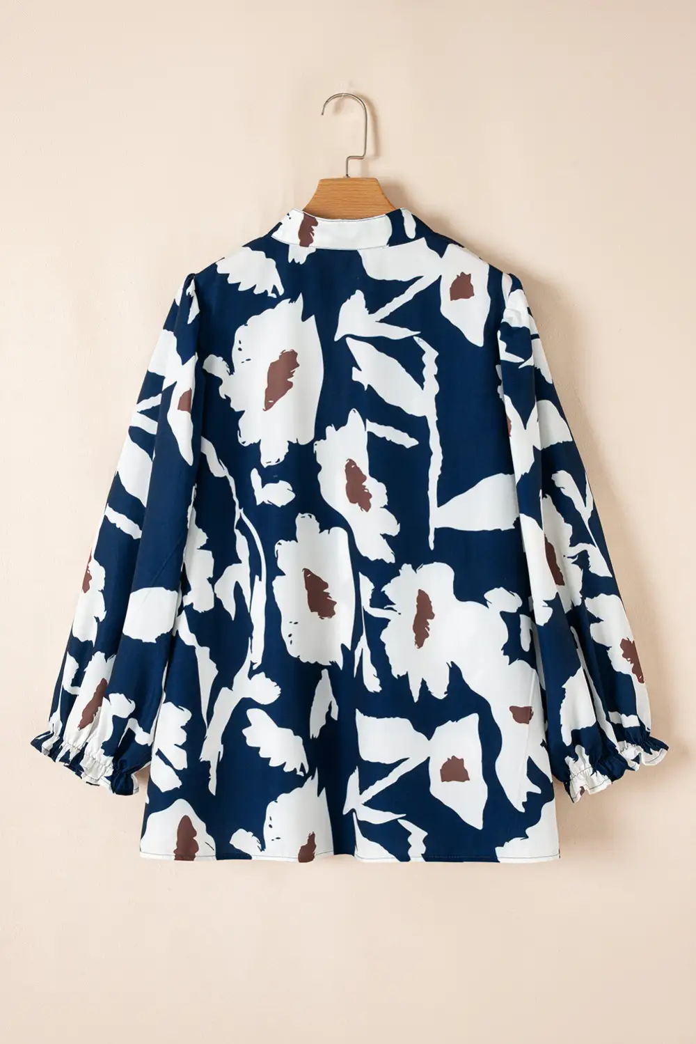 Abstract Floral Print Puff Sleeve Half Button Blouse
