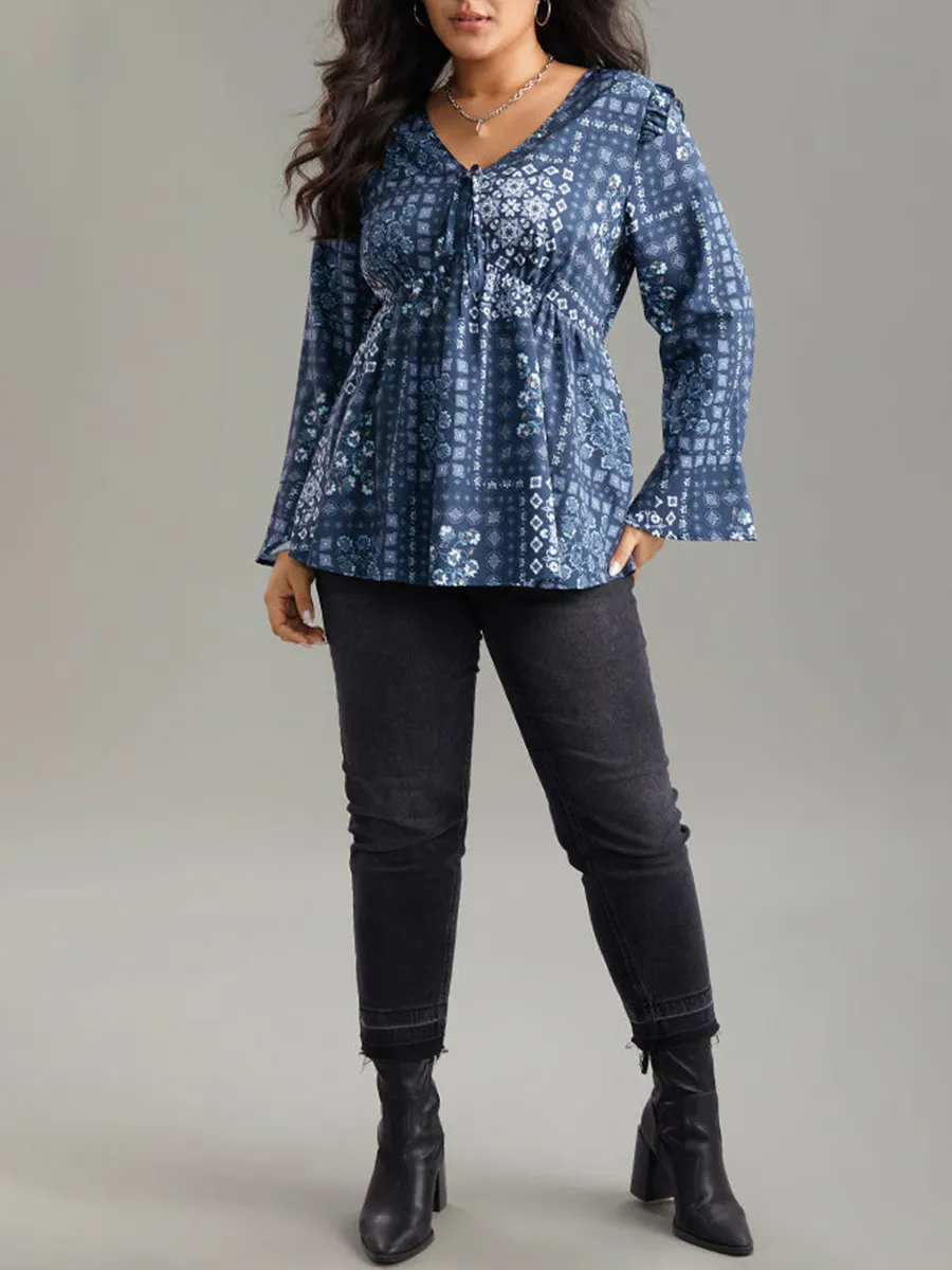 V-neck ruffled patchwork shirt